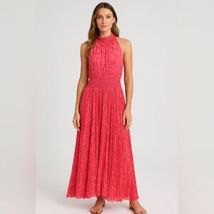 Karlie Pink Floral Smocked Halter Maxi Dress Small Pleated Skirt Lined High Neck